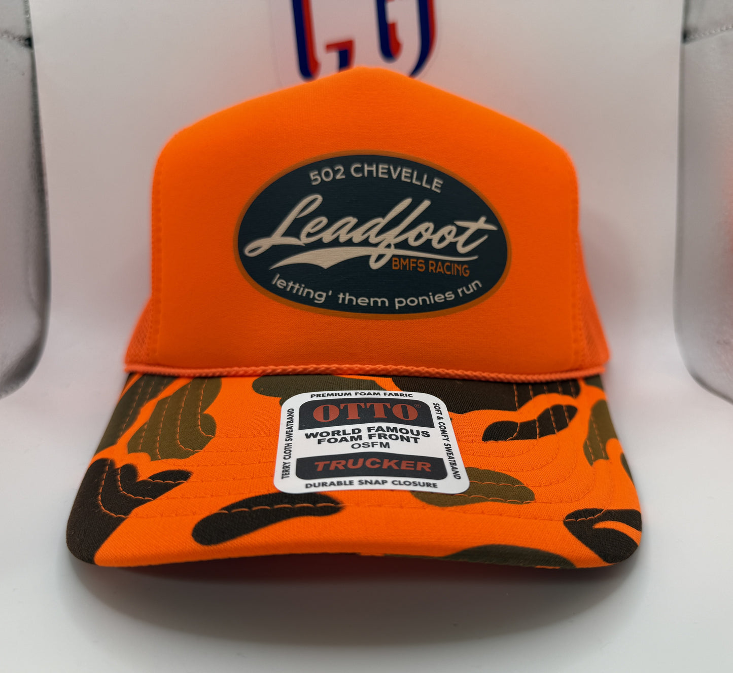 LeadFoot BMFS Racing Foam Camo Trucker Cap OTTO | Orange Camo | Printed Graphics | Snapback Cap | BMFS