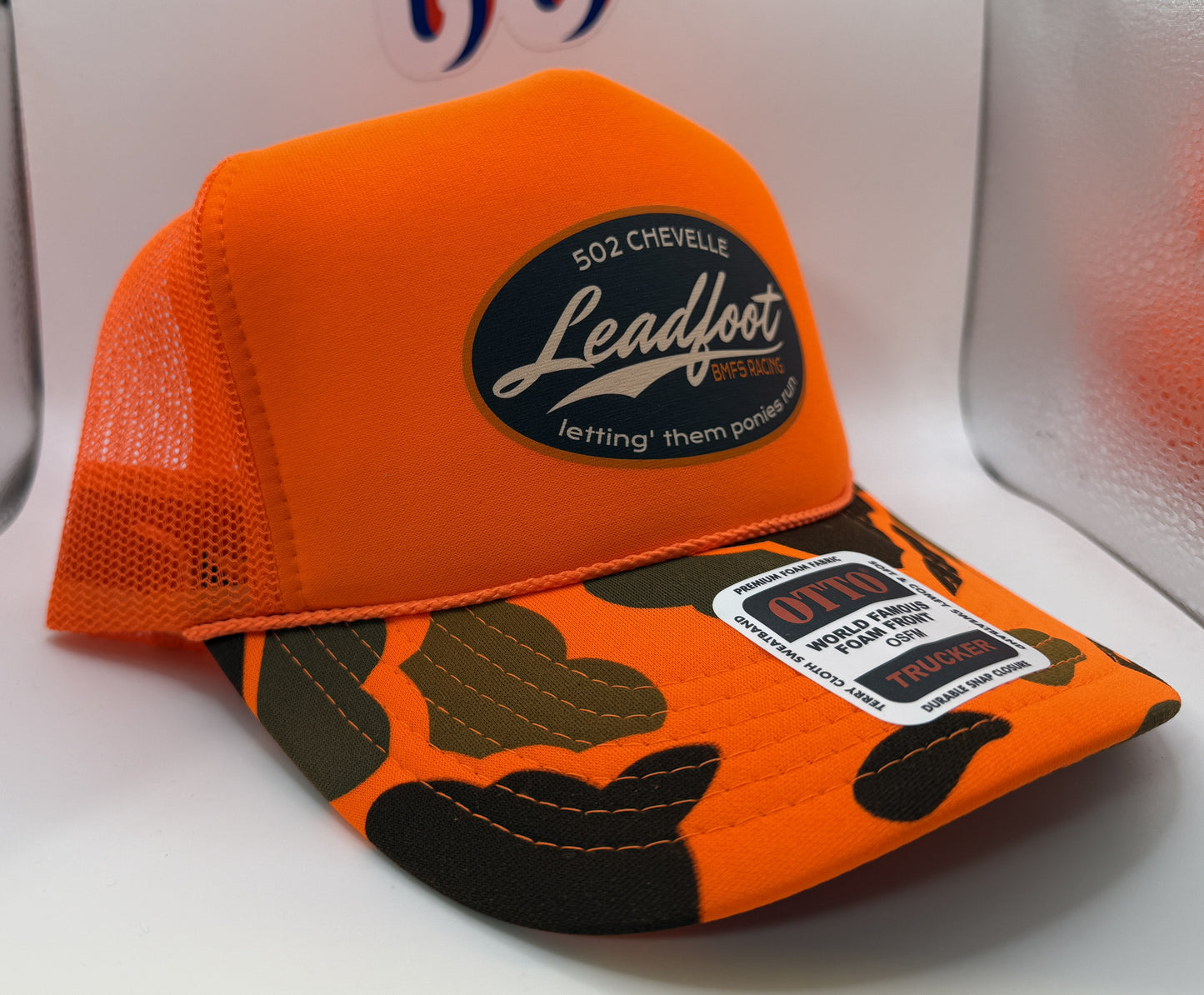LeadFoot BMFS Racing Foam Camo Trucker Cap OTTO | Orange Camo | Printed Graphics | Snapback Cap | BMFS