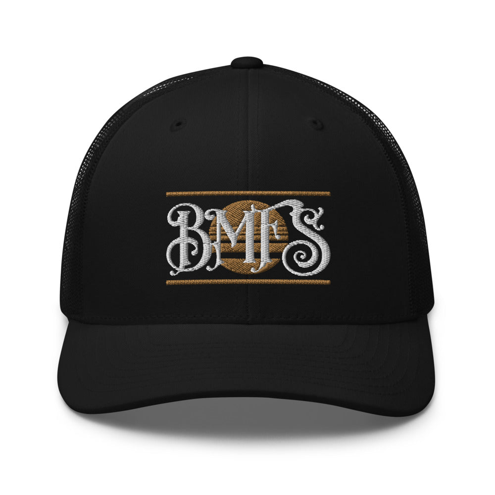 BMFS SUN Trucker Snapback Cap | Flat Embroidery | Inspired Strings Art Cap | Lot Style Cap | Bluegrass Band Swag
