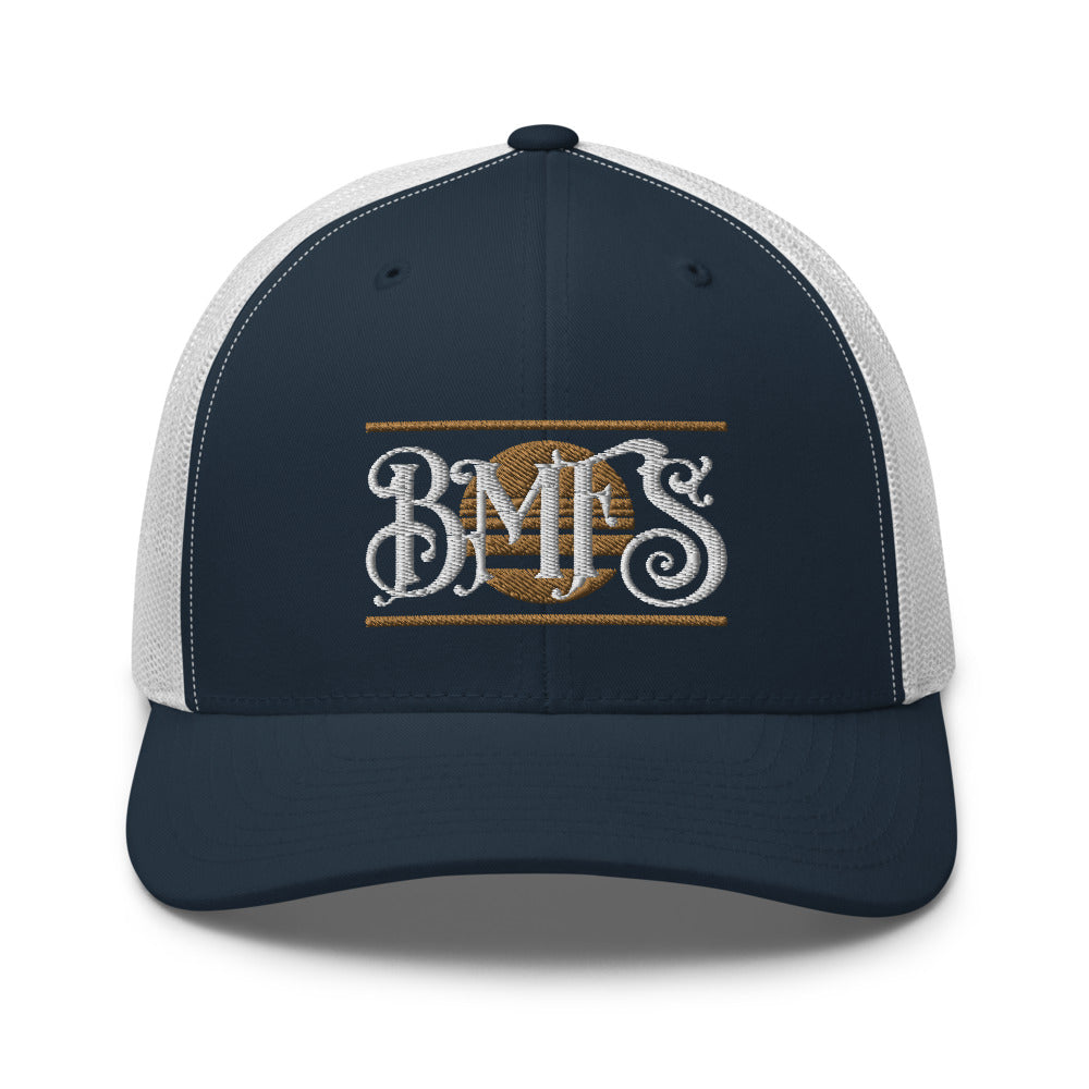 BMFS SUN Trucker Snapback Cap | Flat Embroidery | Inspired Strings Art Cap | Lot Style Cap | Bluegrass Band Swag