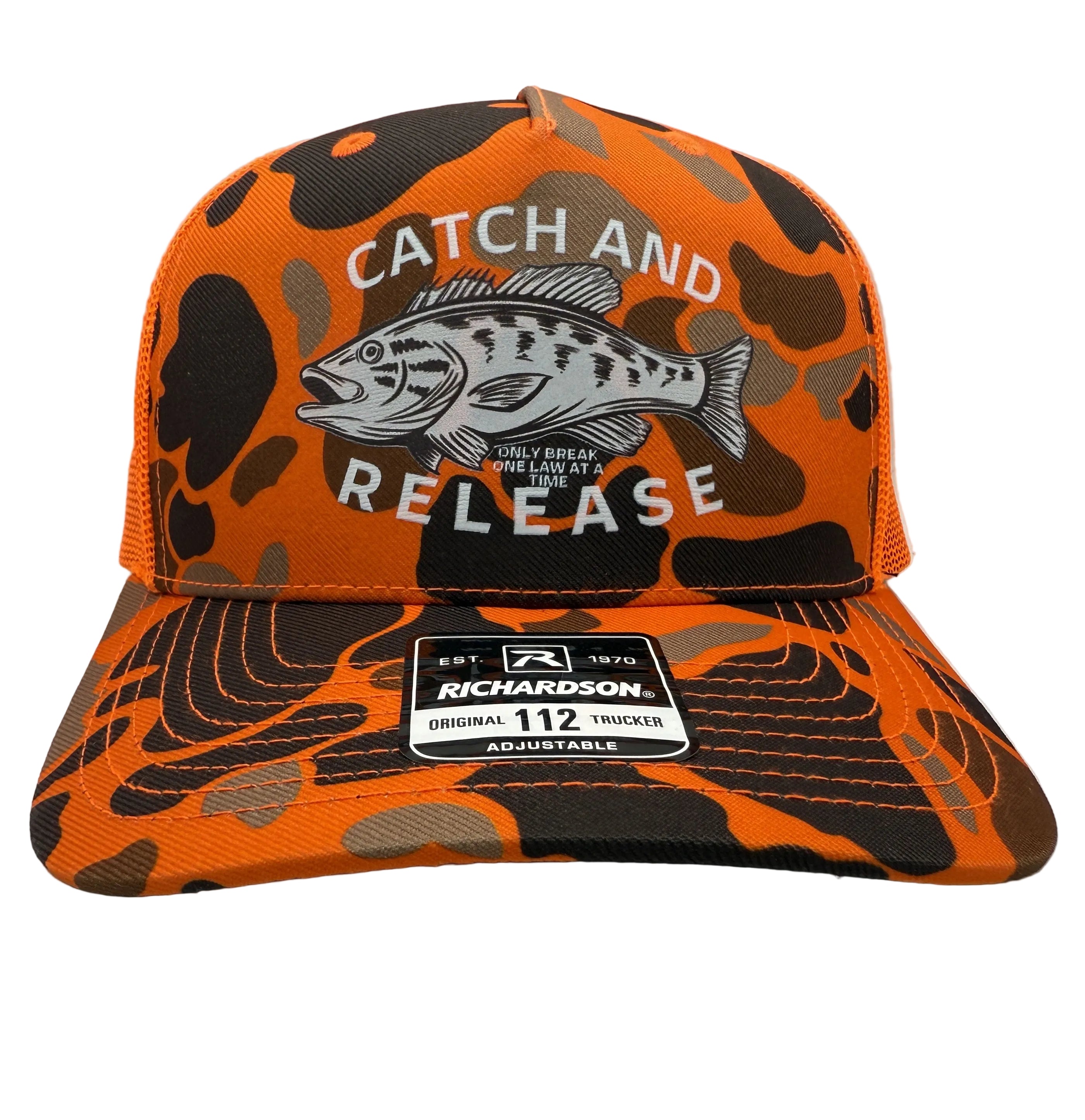 Catch and Release Camo Trucker Cap R112 | Duck Camo Blaze | Printed Graphics | Snapback Cap | BMFS