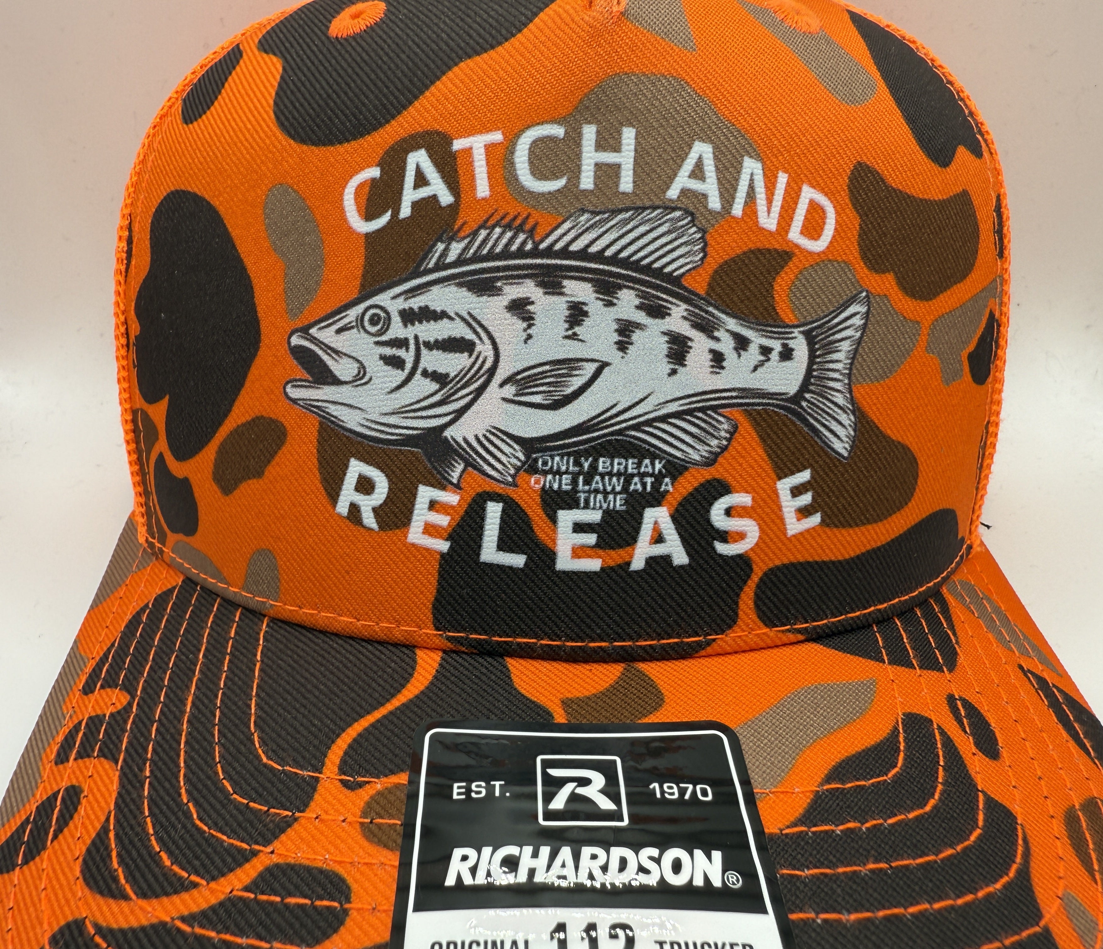 Catch and Release Camo Trucker Cap R112 | Duck Camo Blaze | Printed Graphics | Snapback Cap | BMFS