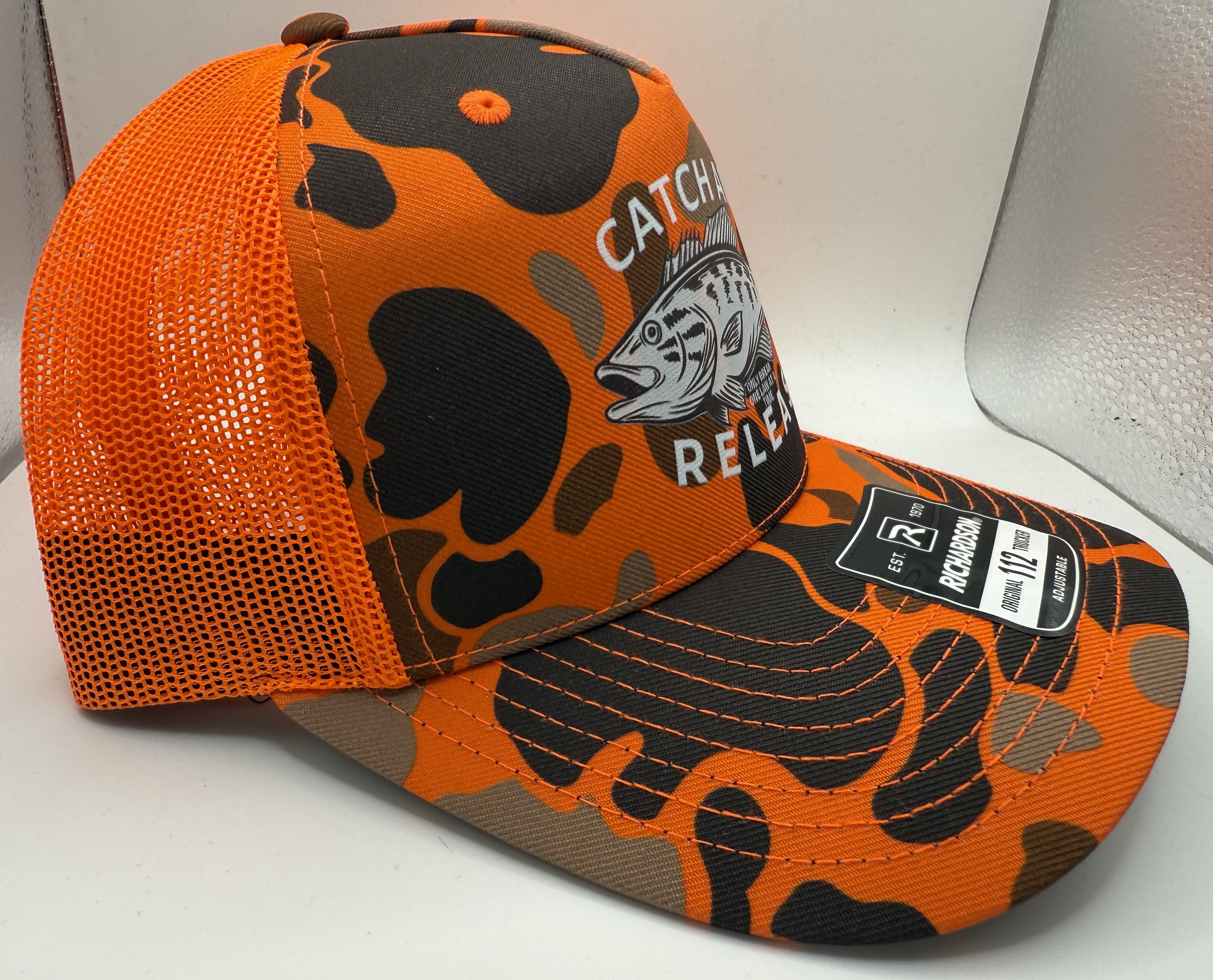 Catch and Release Camo Trucker Cap R112 | Duck Camo Blaze | Printed Graphics | Snapback Cap | BMFS