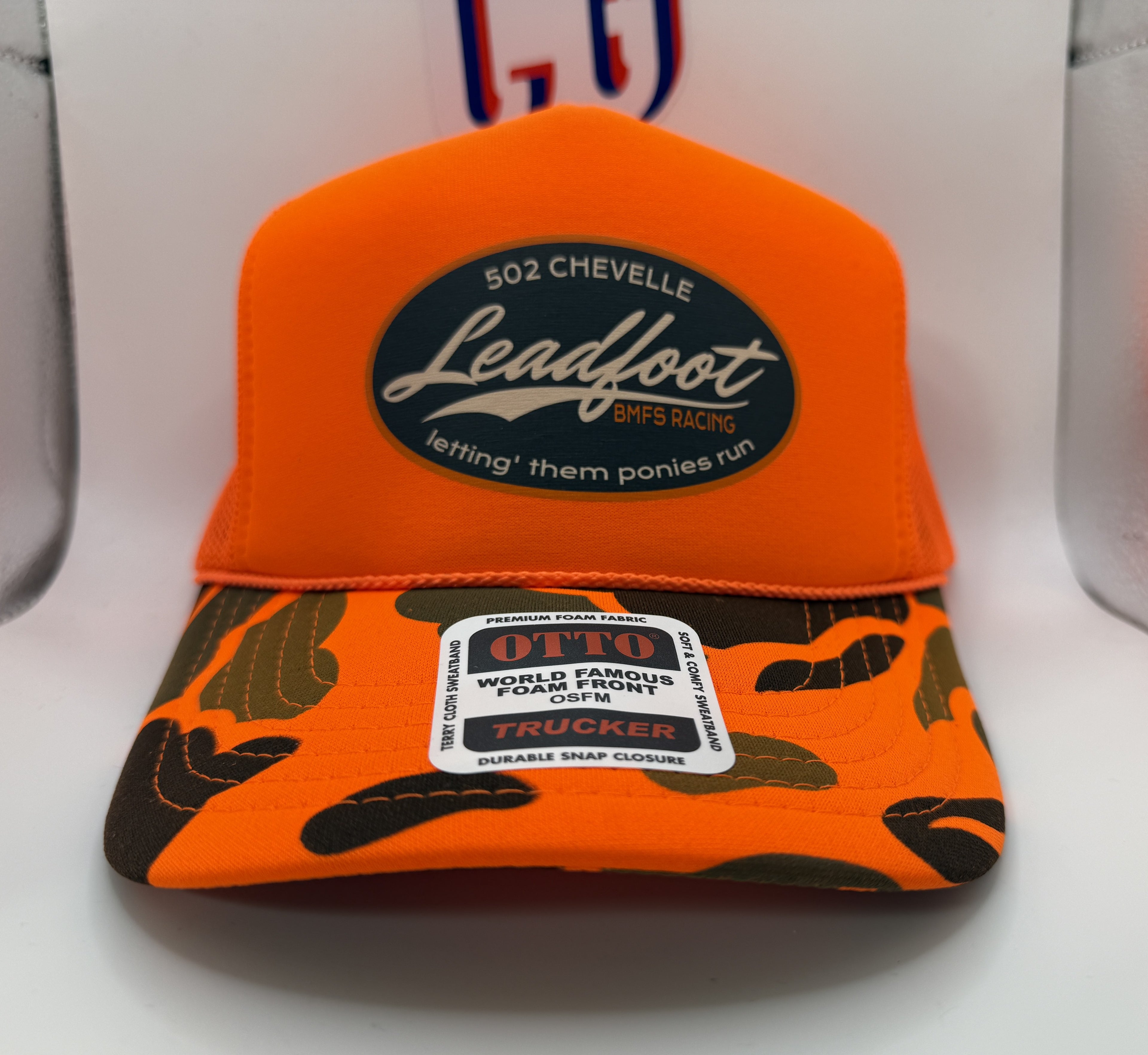 LeadFoot BMFS Racing Foam Camo Trucker Cap OTTO | Orange Camo | Printed Graphics | Snapback Cap | BMFS