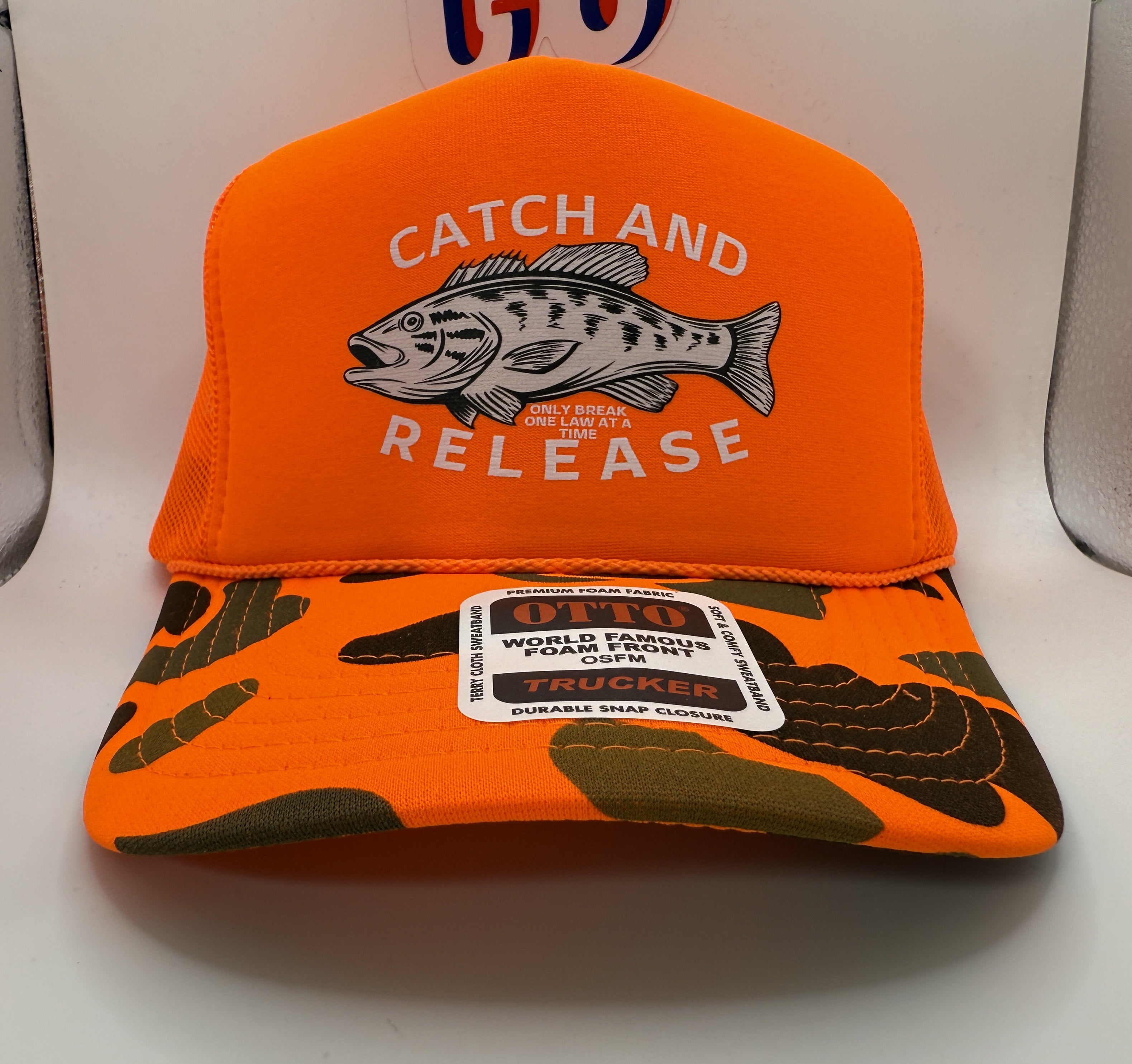 Catch and Release Foam Camo Trucker Cap OTTO | Orange Camo | Printed Graphics | Snapback Cap | BMFS