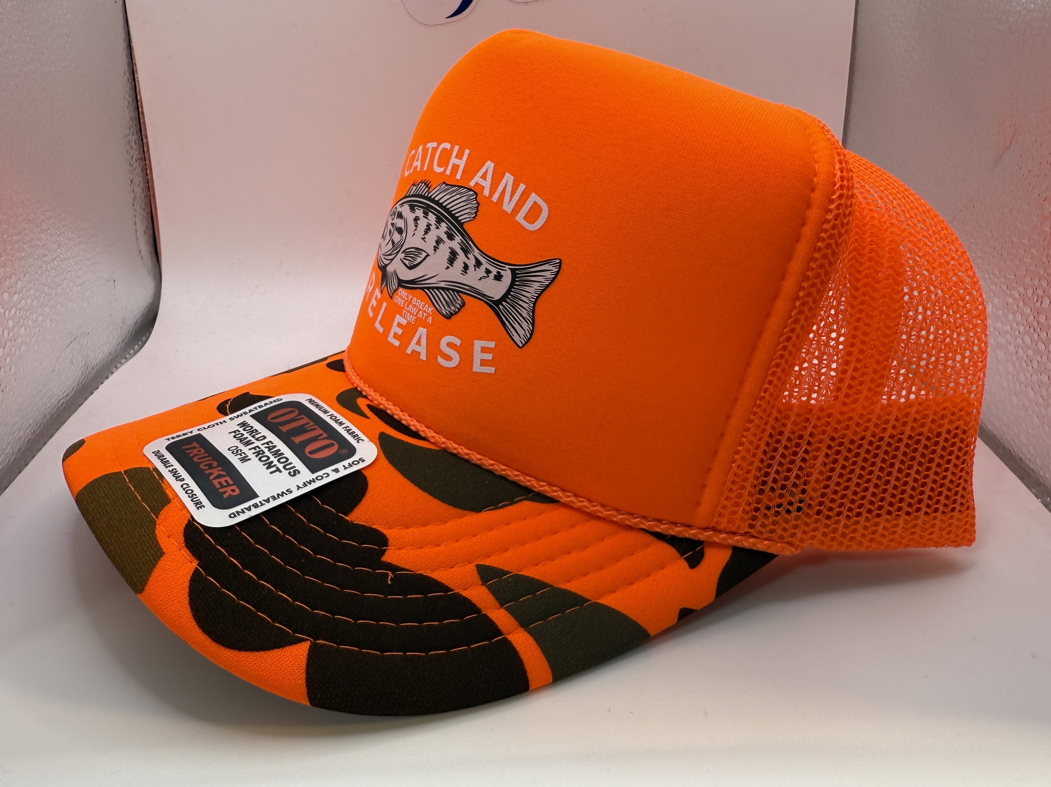 Catch and Release Foam Camo Trucker Cap OTTO | Orange Camo | Printed Graphics | Snapback Cap | BMFS