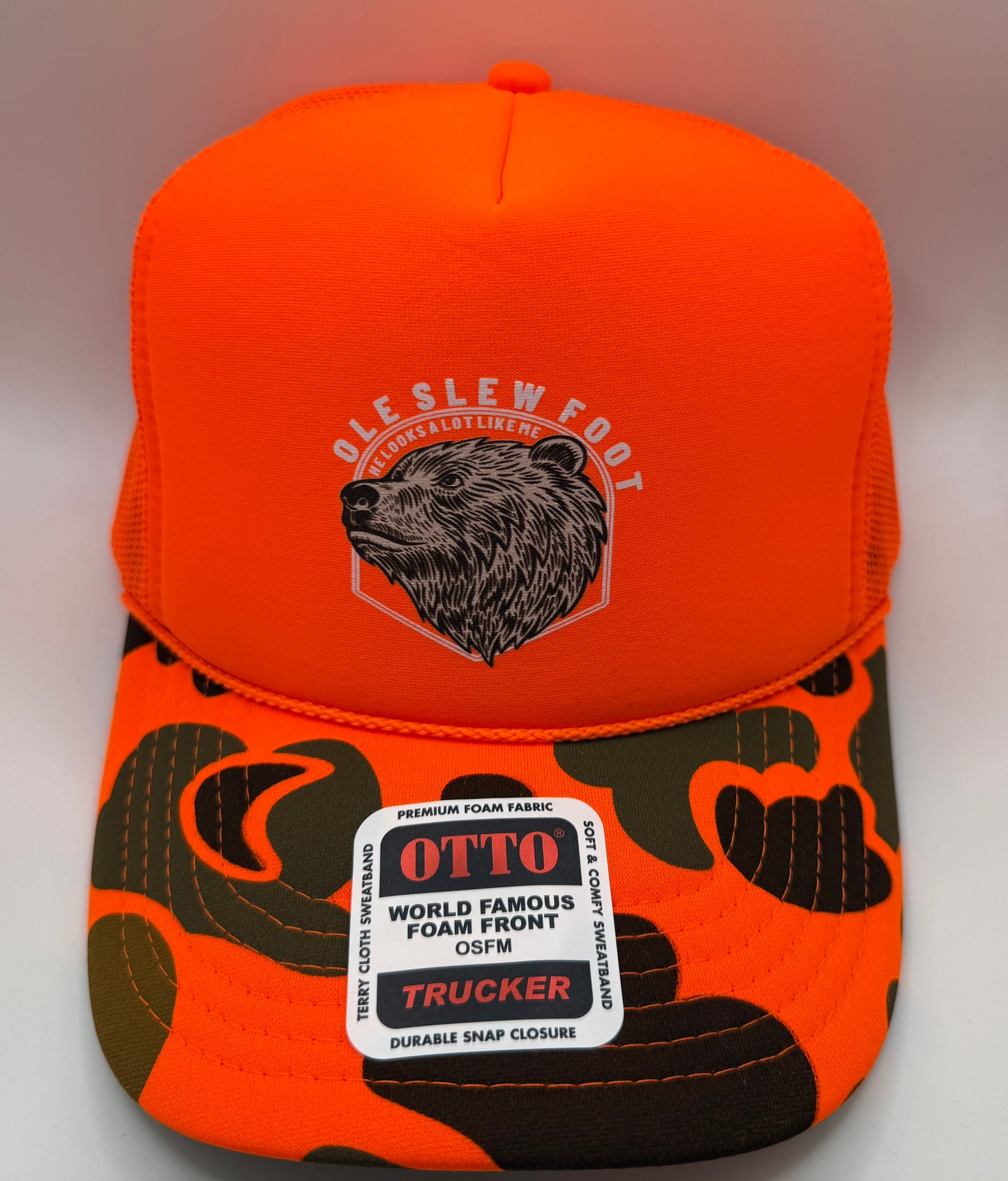Ole Slewfoot Foam Camo Trucker Cap OTTO | Orange Camo | Printed Graphics | Snapback Cap | BMFS