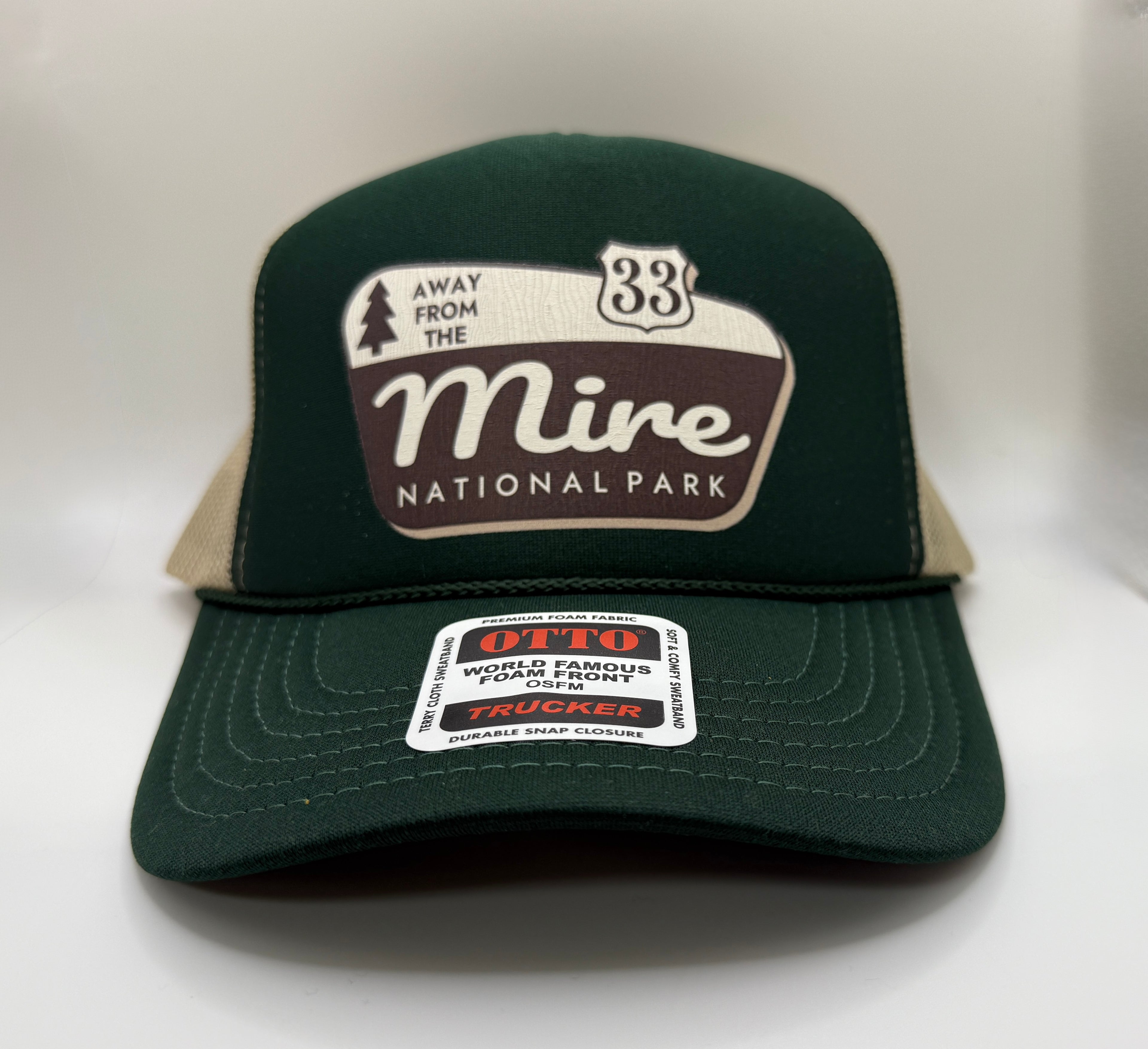 Away From The Mire Park Foam Trucker Cap OTTO | Forest Green Camo | Printed Graphics | Snapback Cap | BMFS