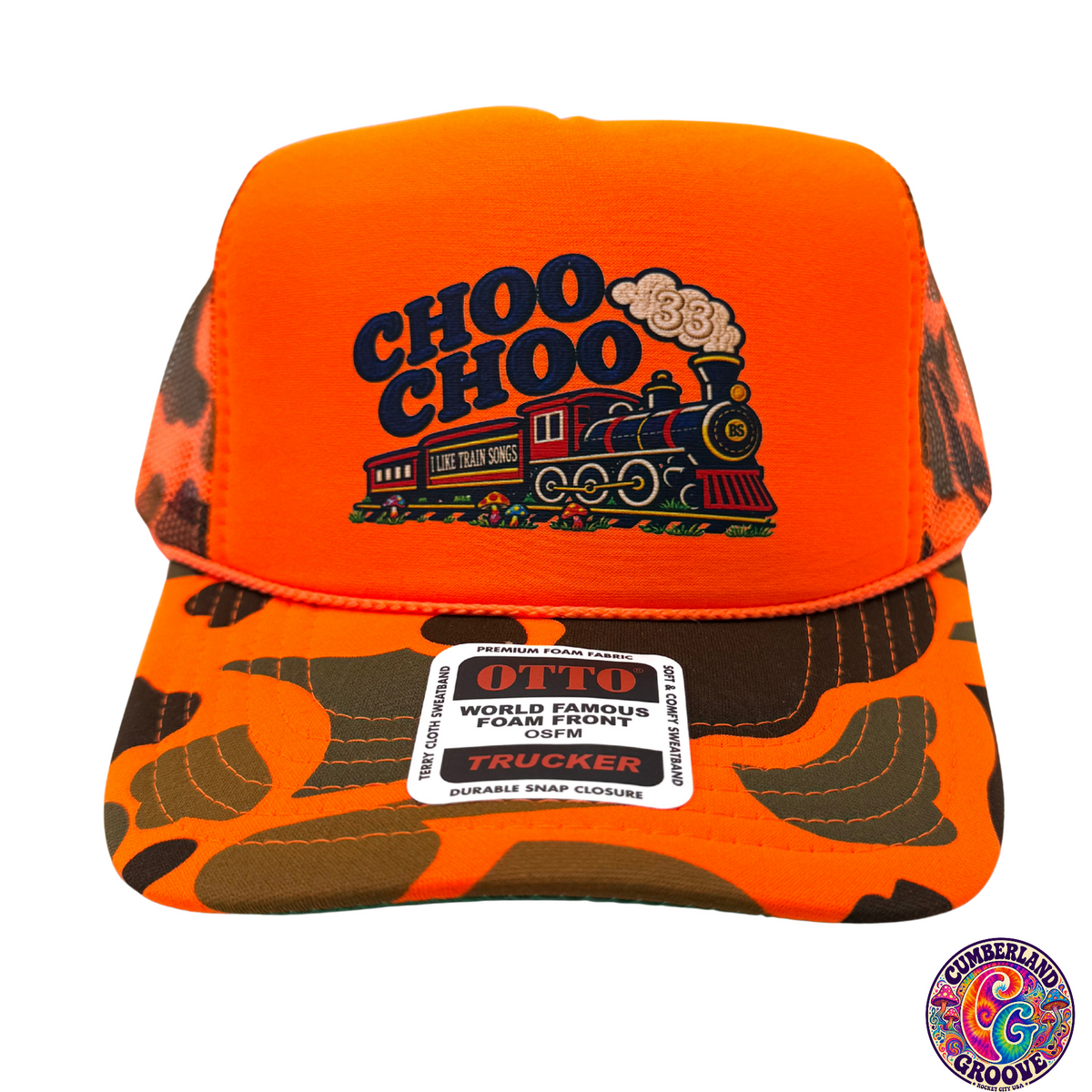 Choo-Choo Train Song Foam Camo Back Trucker Cap OTTO | Orange Camo | Printed Graphics | Snapback Cap | BMFS