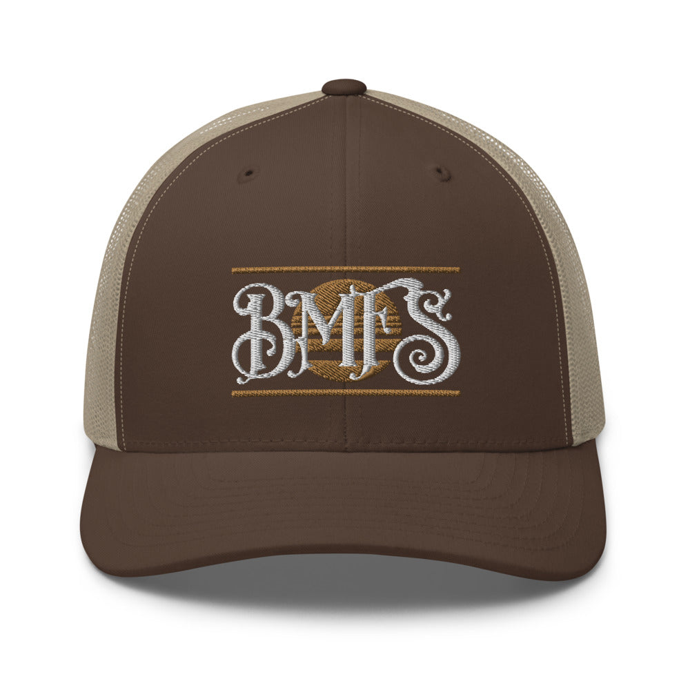 BMFS SUN Trucker Snapback Cap | Flat Embroidery | Inspired Strings Art Cap | Lot Style Cap | Bluegrass Band Swag